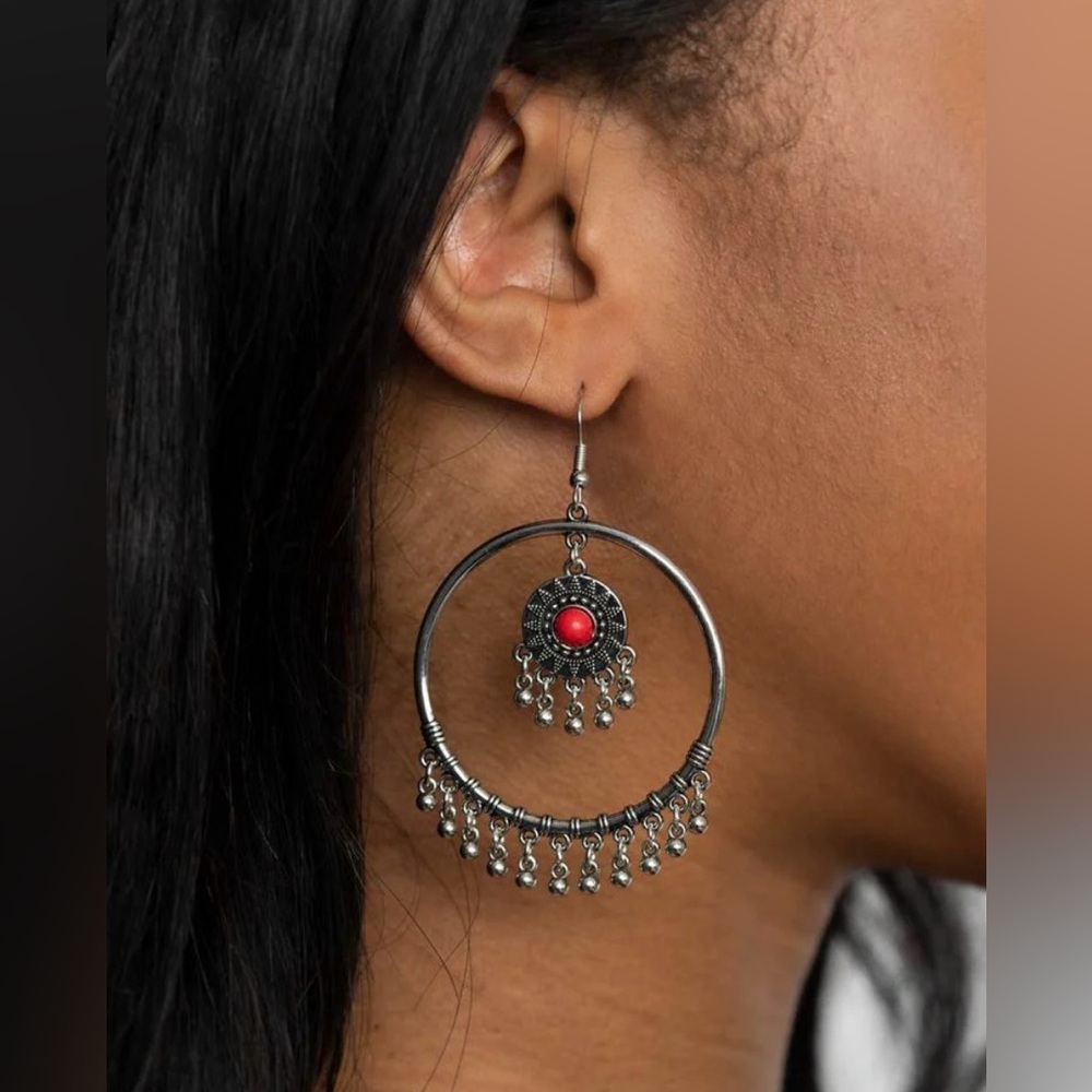 PAPARAZZI SUNNY EQUINOX Hoop Dangle Earrings, red and silver NWT